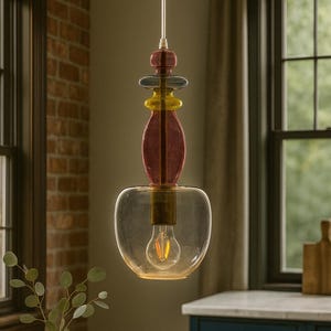 Blown Glass Pendant Light – Unique Kitchen Island Lighting – Handcrafted Ceiling Light Fixture – Mid Century Modern Light