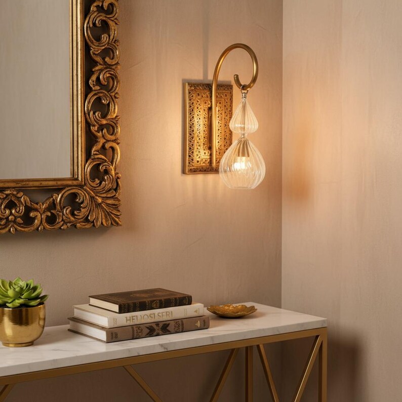 Clear Glass Brass Wall Sconce – Vanity Light, Bathroom Lighting image 2