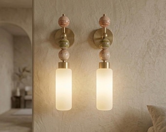 Frosted Glass Cylinder wall sconce with Natural onyx stones - Brass Finish Light Fixture - Artisan Wall Lighting