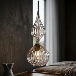Ribbed Hourglass Blown Glass Pendant Light | Handmade Sand-Clock Inspired Ceiling Light