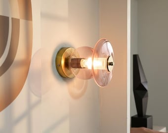 Handmade Pink Glass Wall Sconce with Brass Base – Modern Minimalist Wall Light for Home Decor