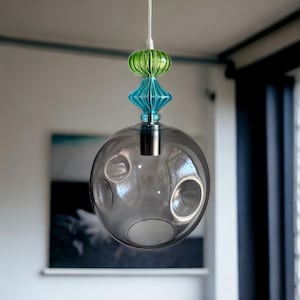 Hand-Blown Smokey Gray Glass Pendant Light | Modern Orb Sphere Chandelier | Unique Green and Blue Art Glass Lamp