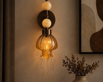 Jellyfish Wall Sconce – Onyx & Blown Glass Light Fixture with Brass Finish – Artisan Ocean-Inspired Wall Lighting - Ocean decor