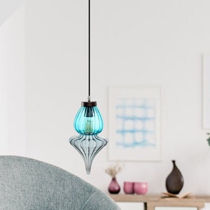 Turquoise + Clear ceiling light fixture, Modern blown glass light for home decor, unique pendant lighting, blown glass pendant light
