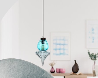 Turquoise + Clear ceiling light fixture, Modern blown glass light for home decor, unique pendant lighting, blown glass pendant light