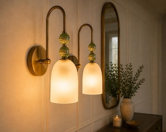 Green Onyx Brass Wall Sconce - Frosted Glass Wall Light - Modern Bedside Light - Bathroom Vanity Sconce - Hallway Entryway Lighting