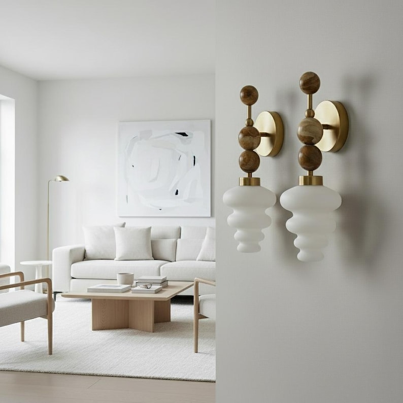 Handmade Onyx and Frosted Glass wall sconce - Brass Finish Light Fixture - Artisan Wall Lighting image 10