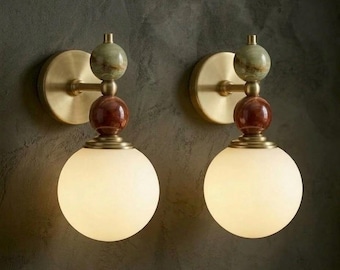 Onyx & Brass Wall Sconce Set of 2 – Frosted Blown Glass Wall Light Fixture – Modern Bedroom Lamp - Bathroom vanity lights