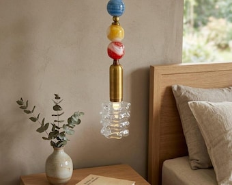 Handmade Marble and blown glass pendant light - Brass & Natural Stone Light - Artisan Lighting