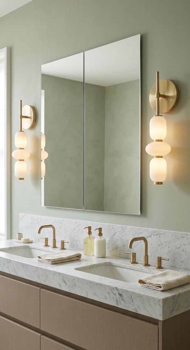 May include: A double vanity bathroom setup featuring a white marble countertop with two integrated sinks, brass faucets, and two matching soap dispensers. Above the vanity, a rectangular mirror is flanked by two wall-mounted brass sconces with three stacked frosted glass globes each.