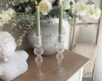 Set of 2 Classic Vintage  Handmade Glass,  Candle stick Holders, candle stick holder for wedding gift, vintage glass candle holder