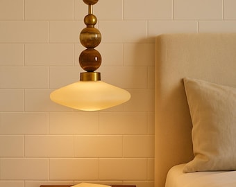 Brass Pendant Lamp – Frosted Glass & Onyx Stone Hanging Light, Modern Bedroom Lighting