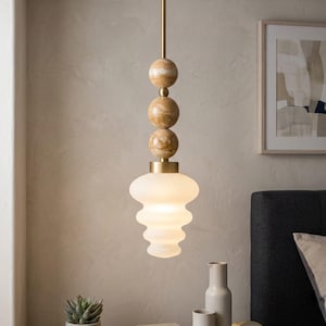 Lámpara colgante de vidrio soplado: moderna lámpara colgante de latón y piedras de ónix