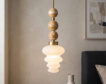 Blown Glass Pendant Light – Modern onyx stones and Brass Hanging Lamp