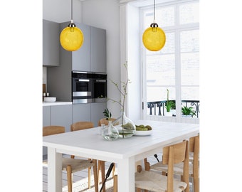 GLASS ART Modern HANDMADE Deco light fixture , Hanging lamp for Dining room lights , hand blown Textured yellow glass pendant, ceiling light