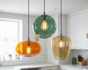 Set of three blown glass light pendants for office decor