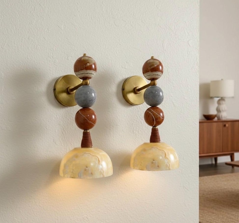 Handmade Marble Wall Sconce - Brass & Natural Stone Wall Light - Unique ...