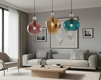 Set of three blown glass light pendants for living roomdecor, glass blown pendant, custom lights, ceiling light fixture, blown glass pendant