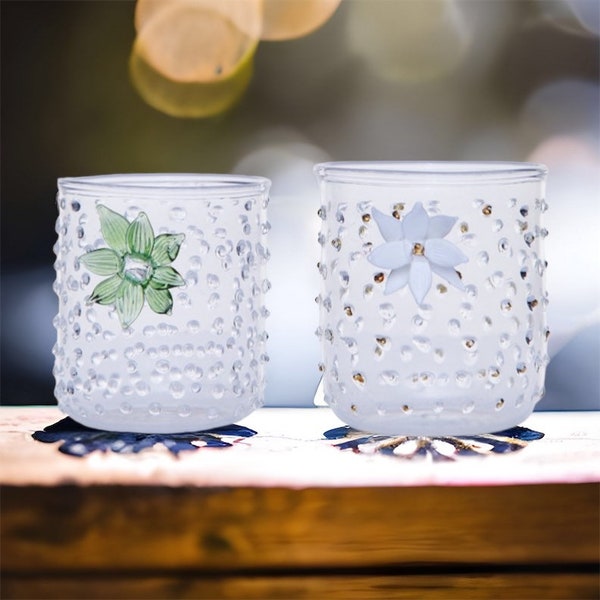 White flower blown Glass cup | Handmade drink Glasses | Drinkware unique Gift | handmade mug | colored flower Glass with texture dots