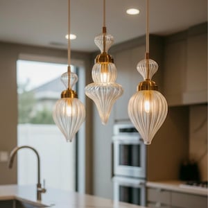 Ribbed Teardrop Ceiling Lights with Brass Finish - Set of Three Blown Glass Pendant Lights - Lighting for Kitchen, Dining, Entryway