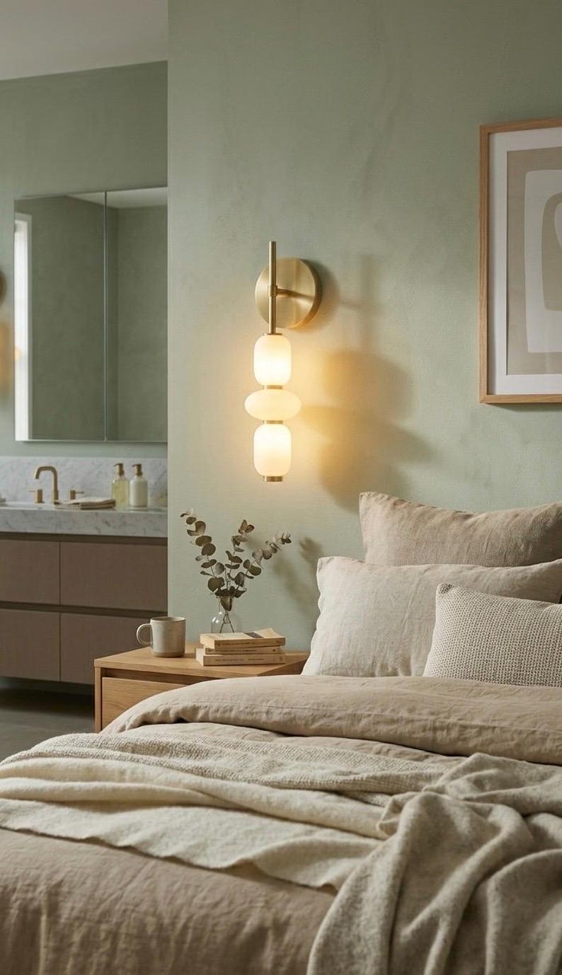 May include: A wall-mounted light fixture featuring a circular brass backplate and a vertical rod holding three stacked, rounded, frosted white glass shades that emit a warm, soft glow against the wall surface.