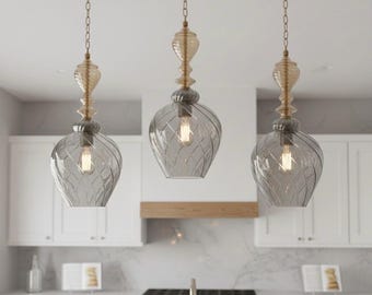 Artisanal Smoked Glass Pendant Light – Handmade Twisted Clear Glass Hanging Lamp