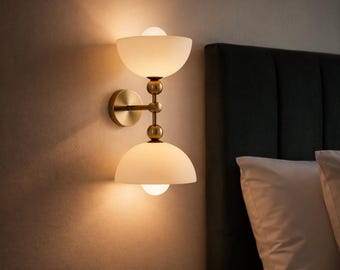 Brass Double Glass Wall Sconce, Frosted Glass Wall Lamp, Modern Bedside Wall Light, Bathroom Vanity Lighting, Handmade Brass Wall Fixture