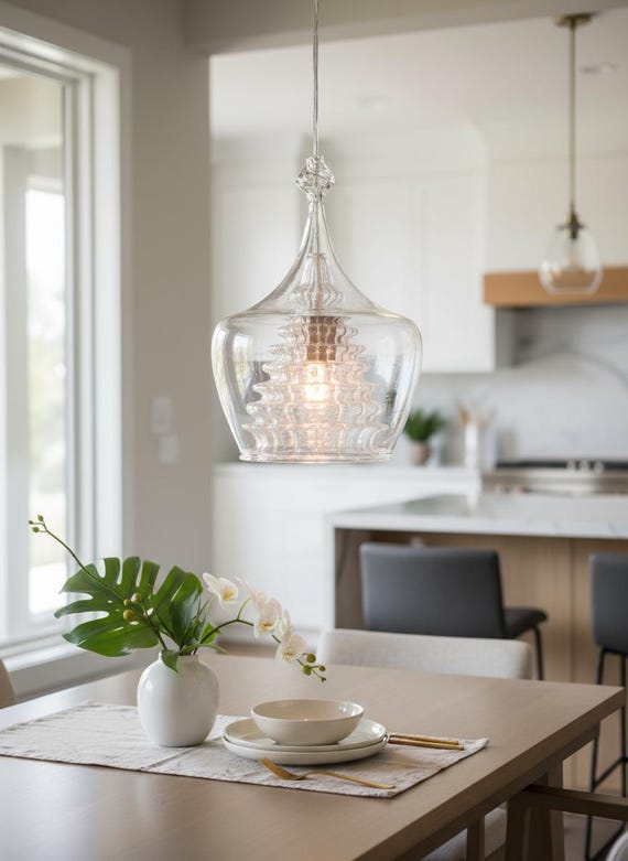 Mundgeblasenes Double-Layer-Glas Pendelleuchte | Geriffelter klarer Lampenschirm für Küche oder Esszimmer