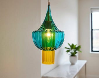 Hand-Blown Color Layered Glass Pendant Light – Aqua Green & Yellow Modern Hanging Lamp