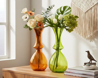 Hand-Blown Colorful Glass Vases - Orange and Green Pair