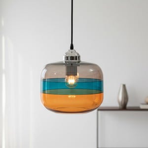 Mundgeblasenes dreifarbiges Glas Pendelleuchte - Bernstein-Türkis und Rauchglaslampe