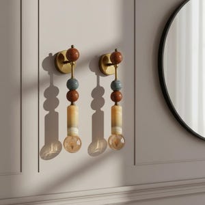 Set of Two Handmade Brass finish sconce lighting with Marble Gemstones - Marble Decor