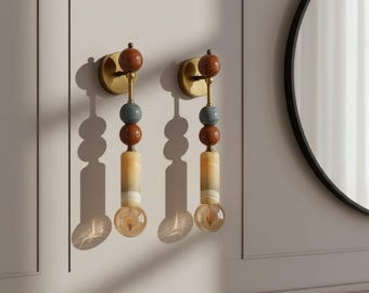 Ensemble de deux appliques murales en laiton faites main avec pierres précieuses en marbre - Décoration marbre