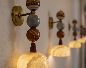 Handmade Marble Wall Sconce - Brass & Natural Stone Wall Light - Unique Artisan Lighting
