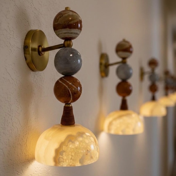 Handmade Marble Wall Sconce - Brass & Natural Stone Wall Light - Unique Artisan Lighting
