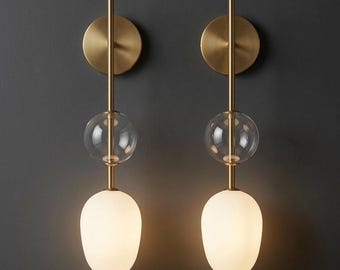 Brass Wall Sconce, Frosted Glass Wall Light, Blown Glass Wall Sconce, Bathroom Vanity Lighting, Bedside Wall Lamp, Art Deco Brass Fixture