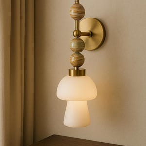 Handmade Onyx & Brass Mushroom Wall Sconce with Frosted Glass – Modern Wall Light Fixture