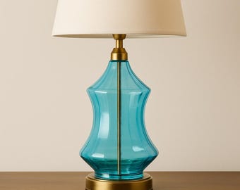 Handmade Turquoise Glass Table Lamp – Smooth Blown Glass Base with Brass Detail – Modern Bedside or Desk Lighting – Artisan Home Décor Lamp