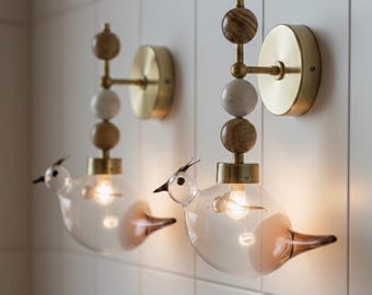 Blown Glass Bird Wall Sconce Brass Wall Light, Natural Onyx Stone Lamp, Handmade Bedside Wall Lighting, Bathroom Vanity Fixture