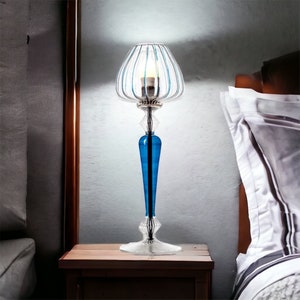 Handmade Cylindrical blue-hued Modern  Table lamp accompained by a  glass cheapeau Blown Glass Lampshade