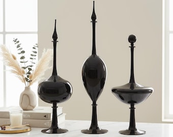 Set of 3 Black Handmade Glass Decanters with Stoppers | Vintage Style Blown Glass Bottles | Classic Barware & Home Decor Gift