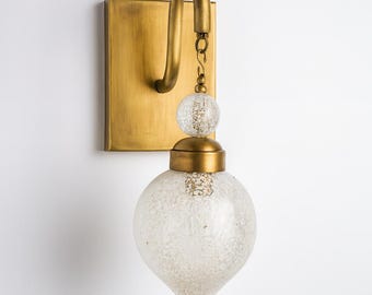 Handmade Teardrop Glass Wall Sconce – Brass Arm, Hallway Lighting