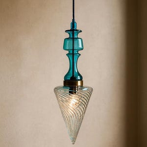 Blown Glass Pendant Light – Handmade Cone Light Fixture – Blue Art Glass Lighting – Kitchen Island or Bar Hanging Lamp