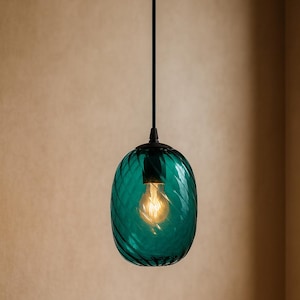 Teal Blown Glass Pendant Light – Handcrafted Hanging Lamp – Kitchen Island or Bar Light – Modern Ribbed Glass Ceiling Fixture