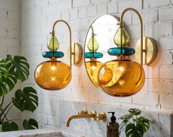 Modern Boho Glass Wall Lamp - Hand Blown Glass Wall Sconce - Brass Wall Sconce Lighting - Glass Bedside Wall - Sconces