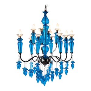 Blue beaded chandelier light fixture -  Kitchen Island light - ceiling decor - large pendant light - Blown glass pendant -  chandelier light