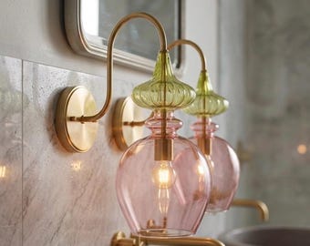 Hand Blown Glass Wall Sconce, Brass Wall Sconce Lighting, Pink Glass Wall Lamp, Ribbed Glass Bedside Wall Light, Vintage Wall Mounted Light