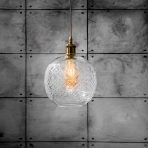 Industriële hanglamp, industriële plafondlamp, koperen hanglamp met gegraveerd geblazen glas, heldere hanglampen modern herfstdecor
