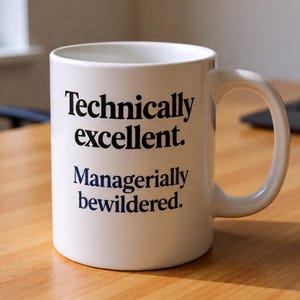 May include: White ceramic mug with the text "Technically excellent. Managerially bewildered." in black and blue font. The mug has a curved handle and sits on a wooden surface.