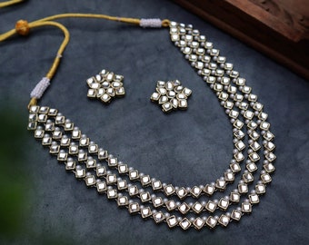 Kundan Jewelry Necklace Set: Rani Haar, Faux Pearl, Antique Gold